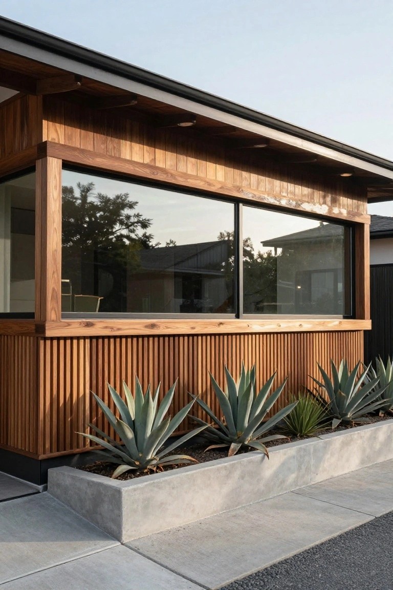 Modern house corner with warm wood vertical cladding and trim framing large black-framed sliding windows, concrete planter box with agave plants at the base, and concrete pathway.