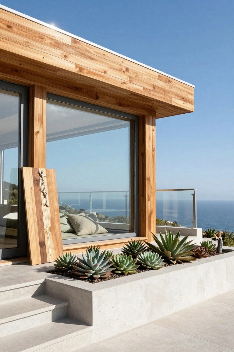 Modern house exterior featuring wooden cladding and beams framing large floor-to-ceiling glass windows, with concrete steps, a raised planter of agave plants, glass balcony railing, and ocean view.