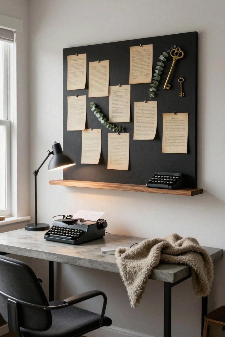Bathroom sink area with black subway tiles, moon decals on walls, framed vintage poster, frosted mason jars holding black roses on a shelf, stacked towels in black and rust, potted fern, soap dish, and wooden bench.