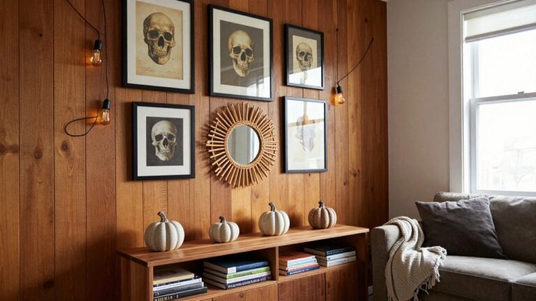 Wood-paneled interior wall with multiple black-framed anatomical skull prints arranged in a gallery style, rattan sunburst mirror, string lights, white and orange pumpkins on a floating shelf, wooden console table with stacked books and knit throw below.