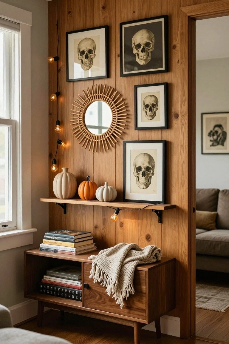 Wood-paneled interior wall with multiple black-framed anatomical skull prints arranged in a gallery style, rattan sunburst mirror, string lights, white and orange pumpkins on a floating shelf, wooden console table with stacked books and knit throw below.
