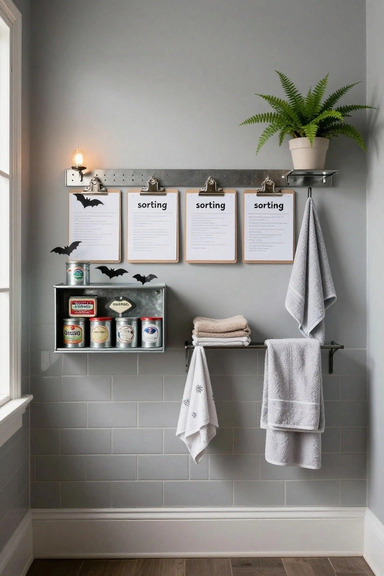 Modern bathroom featuring a floating wooden vanity with two white sinks, black faucets, stacked towels, a potted succulent, and walls decorated with various wooden bat and skull sculptures alongside a black starry print frame.