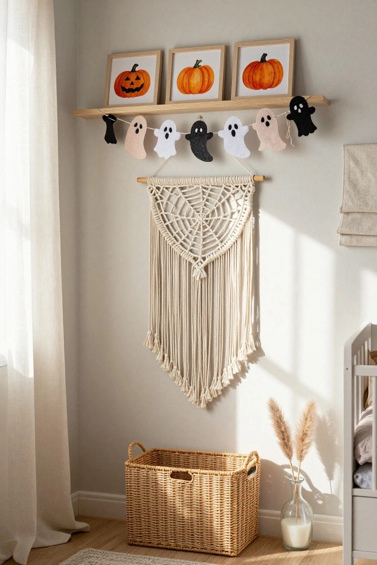 Modern white home office with black metal desk, floating wood shelves holding glass jars of dried plants and Halloween decor, black bat cutouts, pegboard wall with frames and lamp, and pouf chair.
