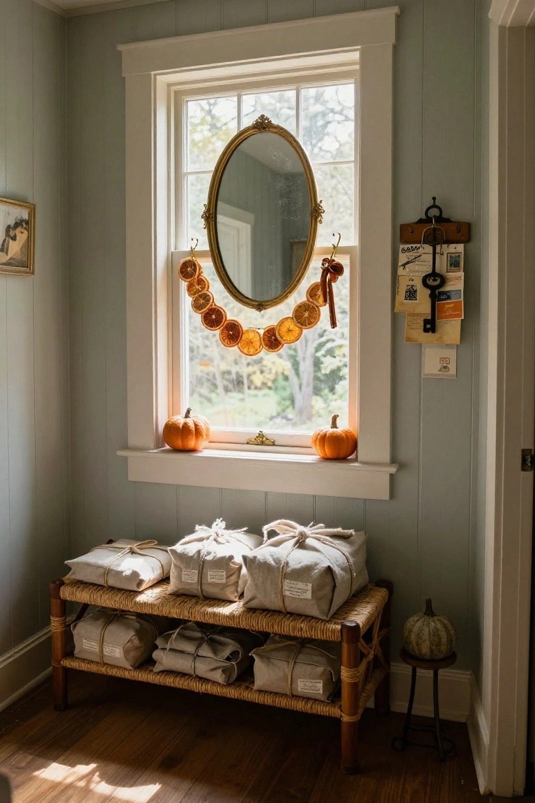A bathroom with walls covered in blue and white artistic skull tiles, a floating concrete sink with gold faucet, large gold-framed round mirror, hanging lavender, and woven baskets.