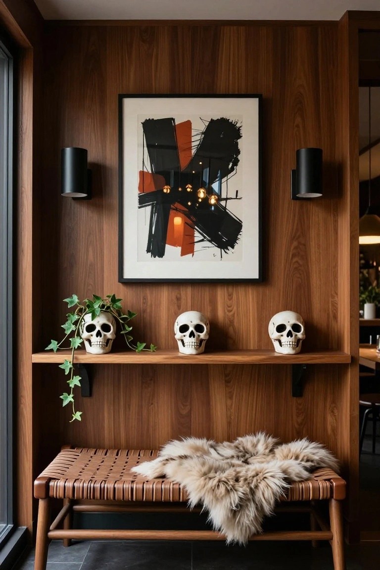Bright living room with rattan sofa and pillows, speckled coffee table holding books and a mortar pestle, potted monstera plants, macrame wall hanging with bells, framed leaf and bat artwork, string lights, and a basket lamp.