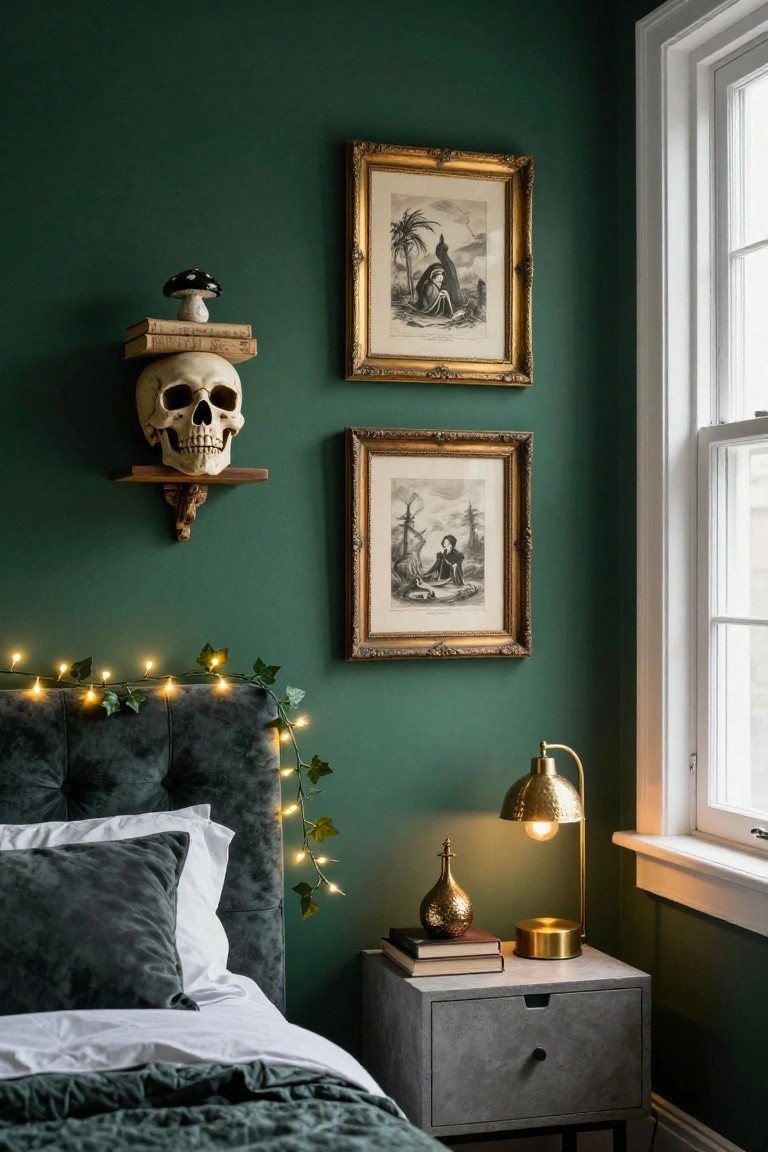 Dark gray bedroom walls with gold-framed black silhouette portraits and a large metallic full moon sculpture above a black velvet tufted headboard, purple satin bedding, gold side tables, and a fur bench on a patterned rug.