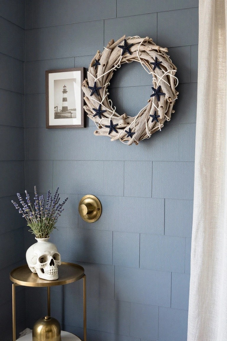 Attic bedroom with large wall mural of moon phases edged in yellow maple leaves, polaroid leaf photos, wooden shelf strung with fairy lights holding ivy plants and a carved jack-o-lantern, glass candle on wooden nightstand, and low bed with white duvet plaid throw and tan rug.