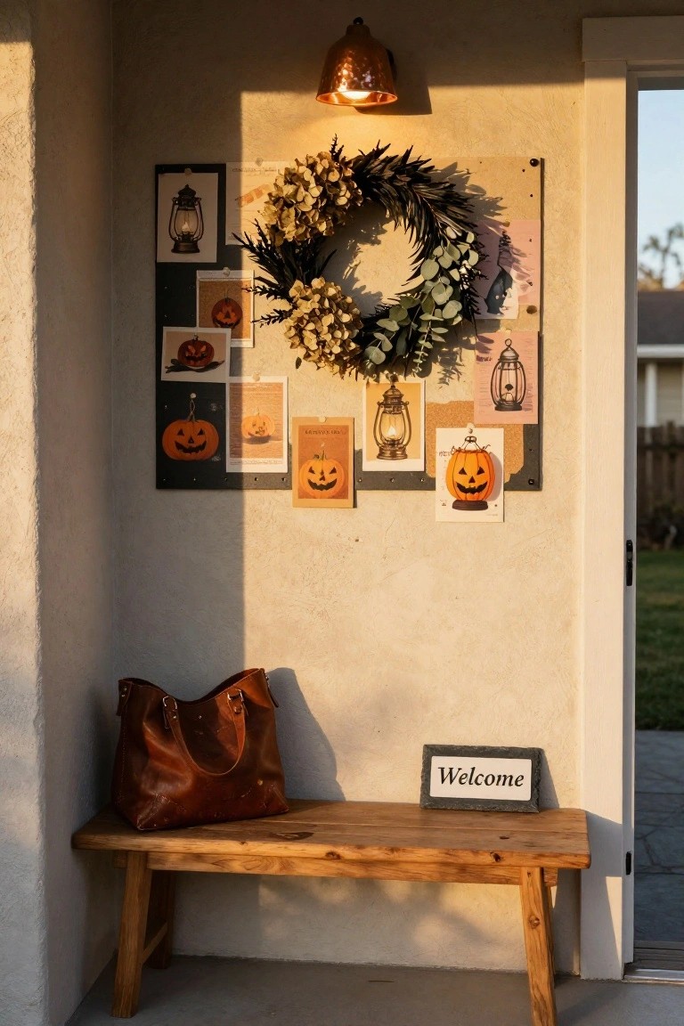 A dining room with deep green textured walls, a wooden table set with black napkins, gold-rimmed plates, an orange velvet runner, candles, dried hydrangeas in a vase, and a black raven mounted in a wooden shadow box on the wall.