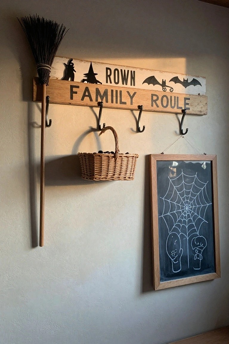 Interior corner of a room with light shiplap walls decorated for Halloween using a tall wooden ladder shelf with string lights, hanging patterned towels, wooden and fabric Beware signs, bat and leaf cutouts, a wooden bench, metal lanterns, galvanized buckets with shoes, and a jute rug on hardwood floors.