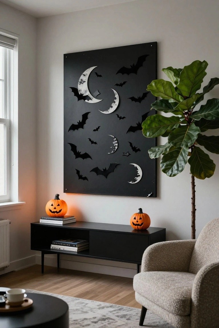 Indoor nook with wooden pyrography panels of moons and bats arranged on a white wall above a beige bench with orange and gold pillows, plus shelves holding books, pinecones, a basket, potted plant, and wall lantern.