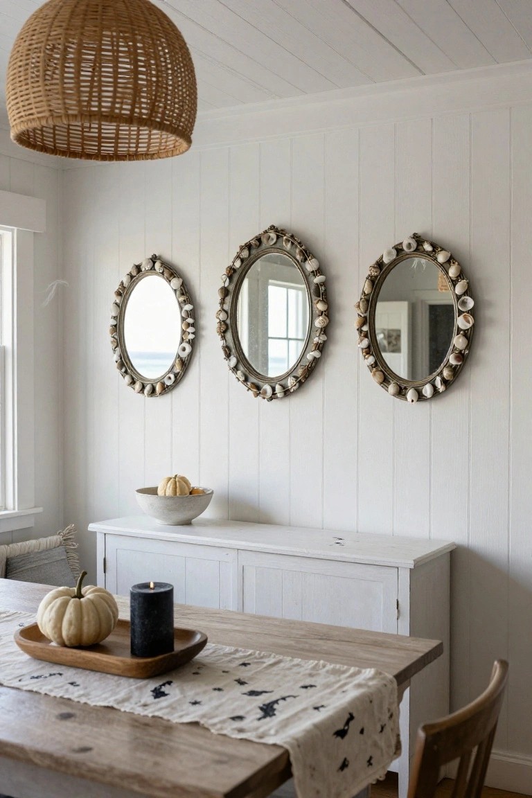 Beige nursery room with Halloween decorations including a clothesline garland of plush orange pumpkins, black pumpkins, and white ghosts hanging on the wall above a wooden crib, painted ghost silhouettes on the wall, small pumpkins on the floor, and a white knit pouf nearby.