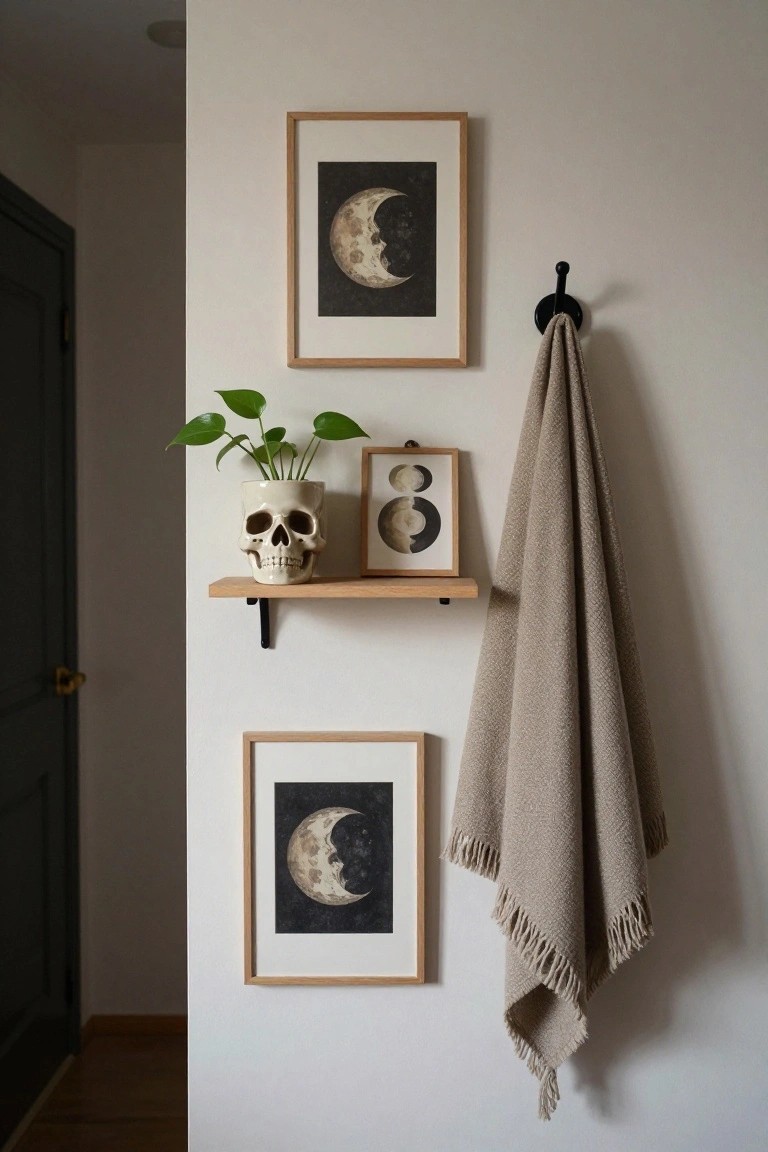 Stairwell interior with carved orange jack-o-lantern pumpkins on steps and beside stacked brown leather suitcases, a hanging green plant with black plastic spider casting large spider shadow on beige wall, black-framed artwork, and pillar candles on wood steps.
