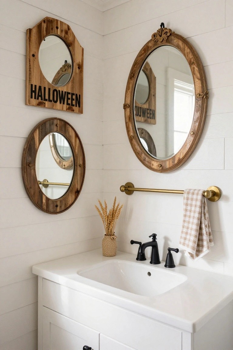 Kitchen counter area with white cabinets, oak countertop, copper pot, hanging white skull mugs on copper pipe against white tiles with black spider web decals, wooden shelves holding pumpkins and jars above, brass pendant light overhead.