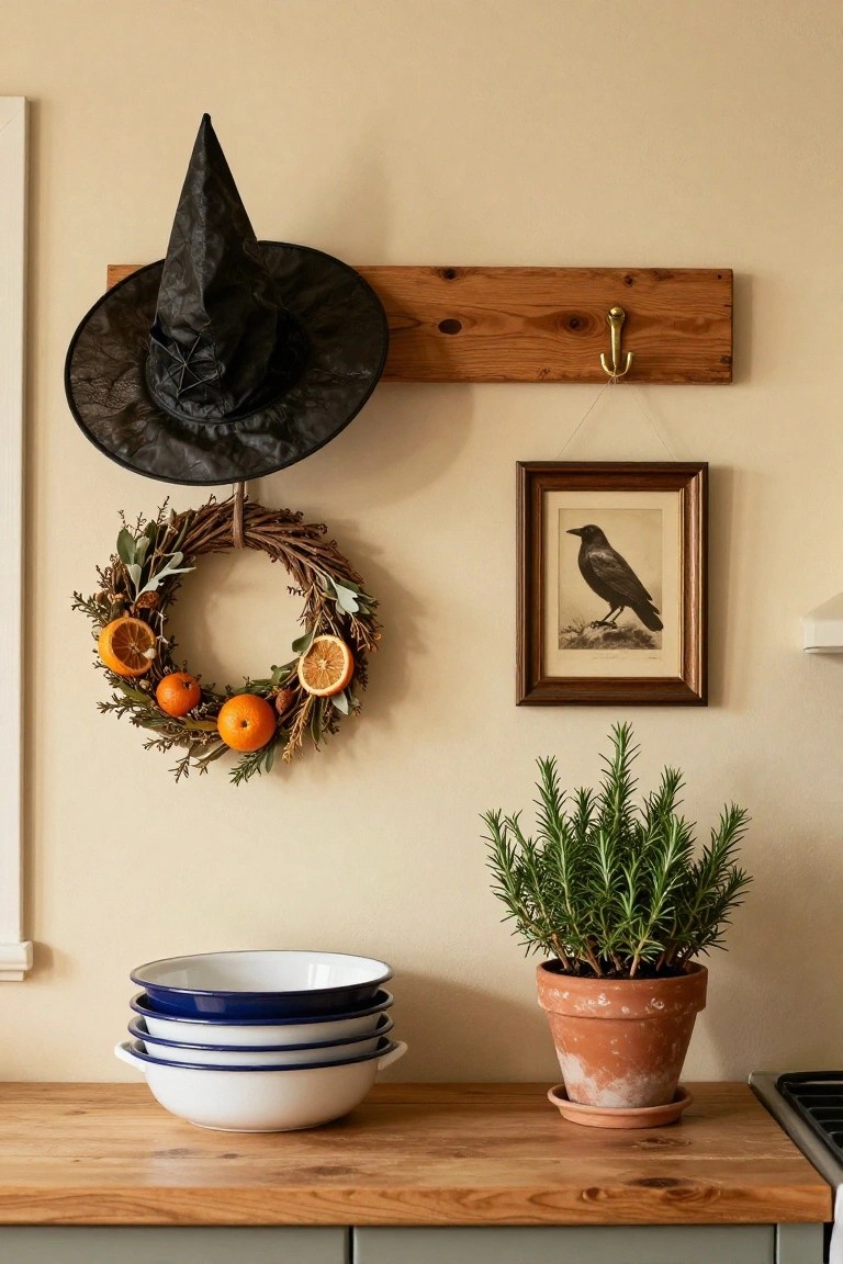 Dark shiplap wall in a corner entryway with a large wheat wreath featuring gold bells and mini orange pumpkins hanging above a rustic wooden console table holding glass jars of cinnamon sticks and a small pumpkin, beside a wicker basket with an umbrella and a framed map.