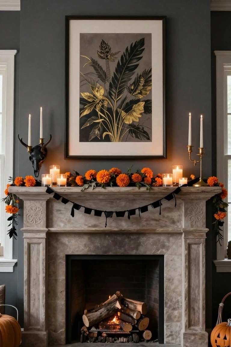 Kitchen with navy cabinets holding wicker baskets, wooden countertop and shelves displaying jars, utensils, and a bread basket, black witch silhouette decals on the wall above the shelves, string lights, and a chalkboard sign.