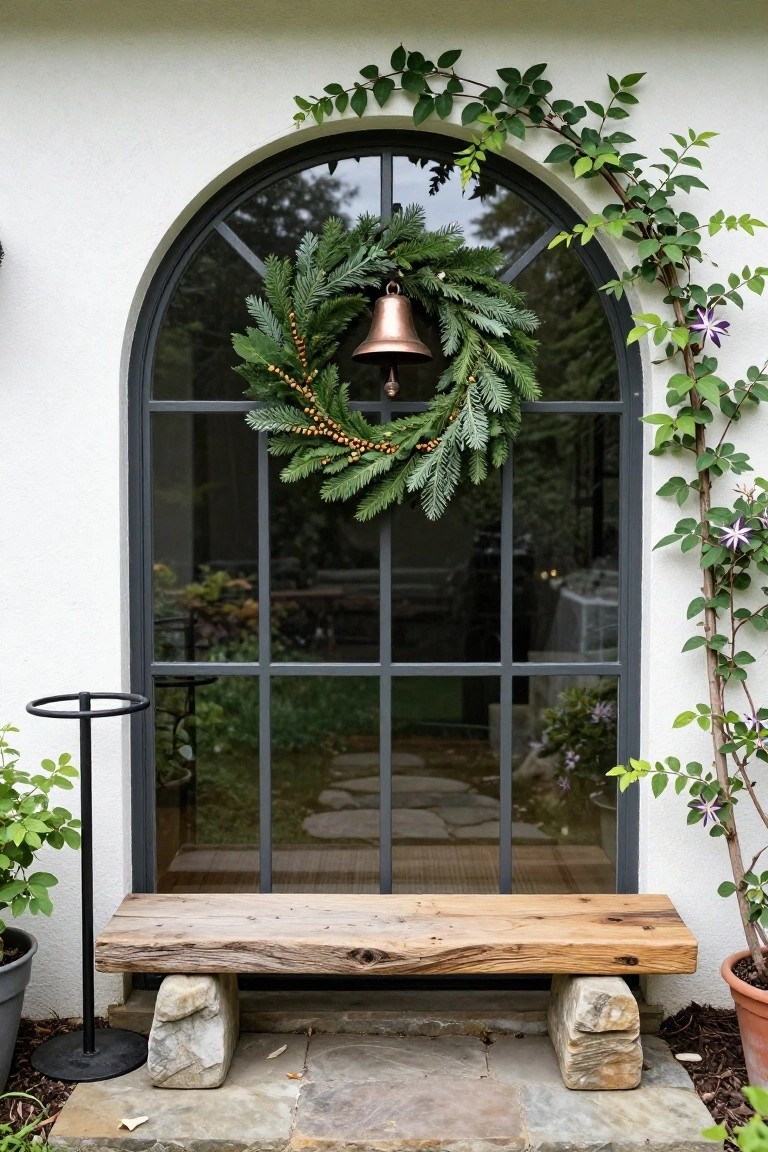 White stucco exterior wall with black metal-framed arched window hung with a large green evergreen wreath containing gold beads and a central brass bell, climbing green vines along the arch, wooden bench on stone base in front, potted plants and black plant stand nearby.