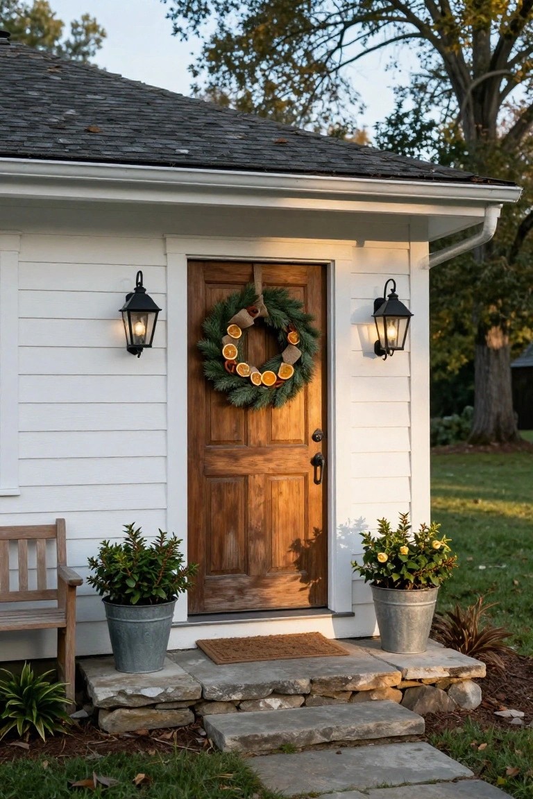 White clapboard building exterior with a brown wooden door centered under a gabled roof, decorated with a green fir wreath featuring dried orange slices, flanked by two black lanterns, a wooden bench, potted plants in galvanized buckets, and stone steps leading to a welcome mat in a grassy yard with trees.