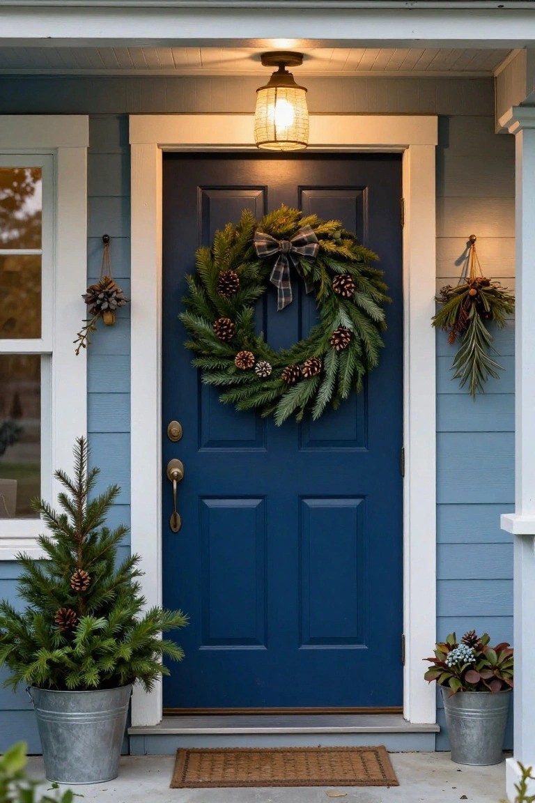 Navy blue front door on a light blue house with white trim, decorated with a large evergreen wreath of pine branches and pinecones tied with a plaid bow, small potted Christmas trees in galvanized buckets on the porch, hanging pinecone bundles, and a seagrass doormat.