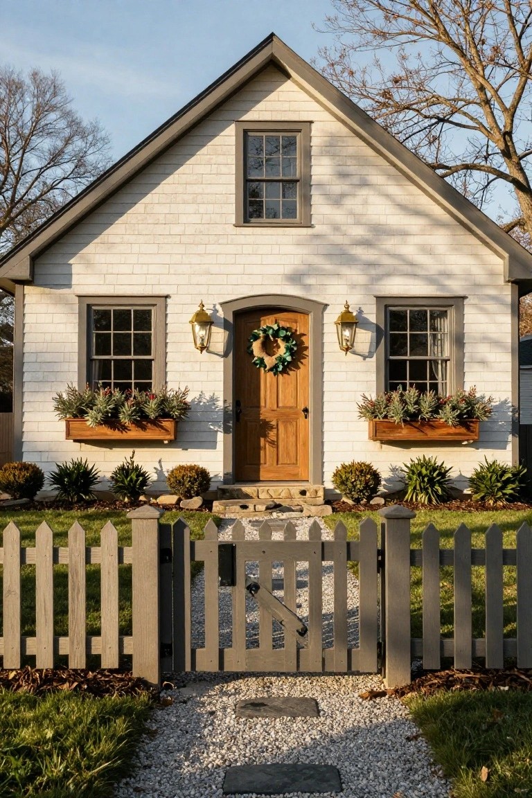 White shingle-sided farmhouse exterior with arched wooden front door decorated by a large green wreath, flanked by brass lanterns and wooden window boxes filled with plants, picket fence gate, and stone walkway.