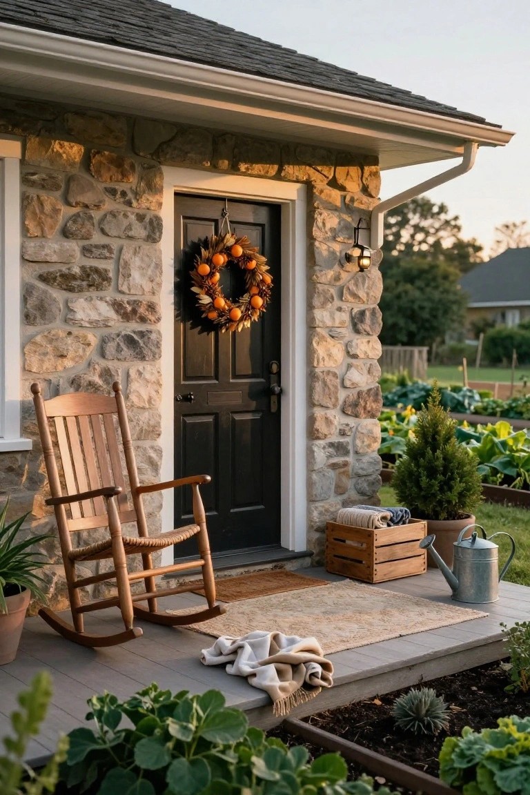 Stone farmhouse exterior featuring a black double door with an orange and wheat wreath, wooden rocking chair on the porch, potted plants, watering can, and nearby raised garden beds.