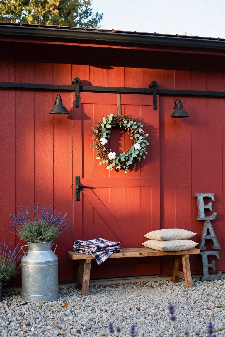 Red wooden barn door with black sliding hardware and lanterns on either side, centered eucalyptus wreath with cotton bolls, wooden bench with pillows and plaid blanket to the right, metal letters nearby, lavender plant in galvanized milk can on gravel ground.