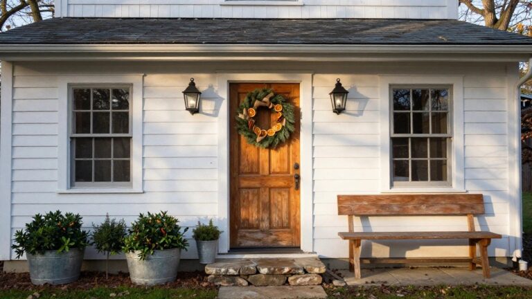 White clapboard building exterior with a brown wooden door centered under a gabled roof, decorated with a green fir wreath featuring dried orange slices, flanked by two black lanterns, a wooden bench, potted plants in galvanized buckets, and stone steps leading to a welcome mat in a grassy yard with trees.