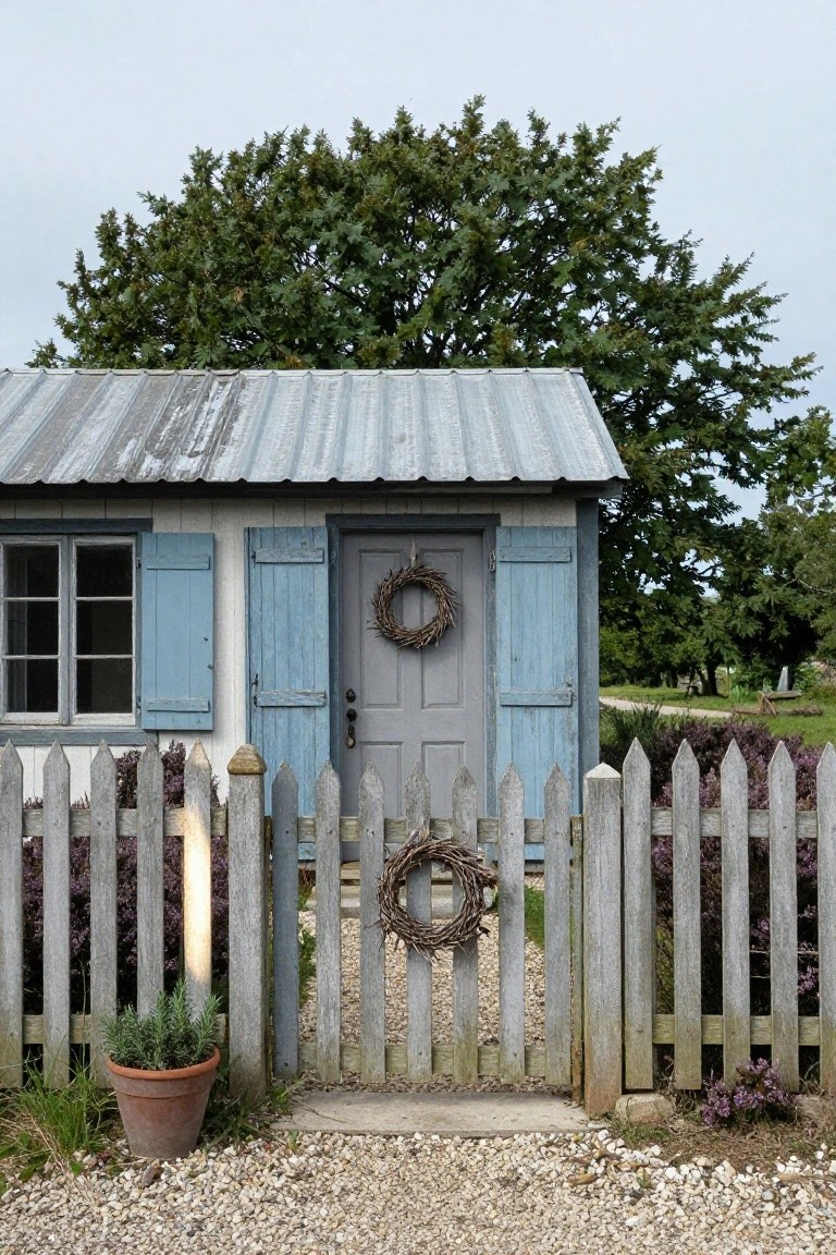 Small blue wooden garden shed with gray front door decorated by a round twig wreath, blue shutters on window and door side, open white picket fence gate, potted plant nearby, gravel path, shrubs, and trees in background.
