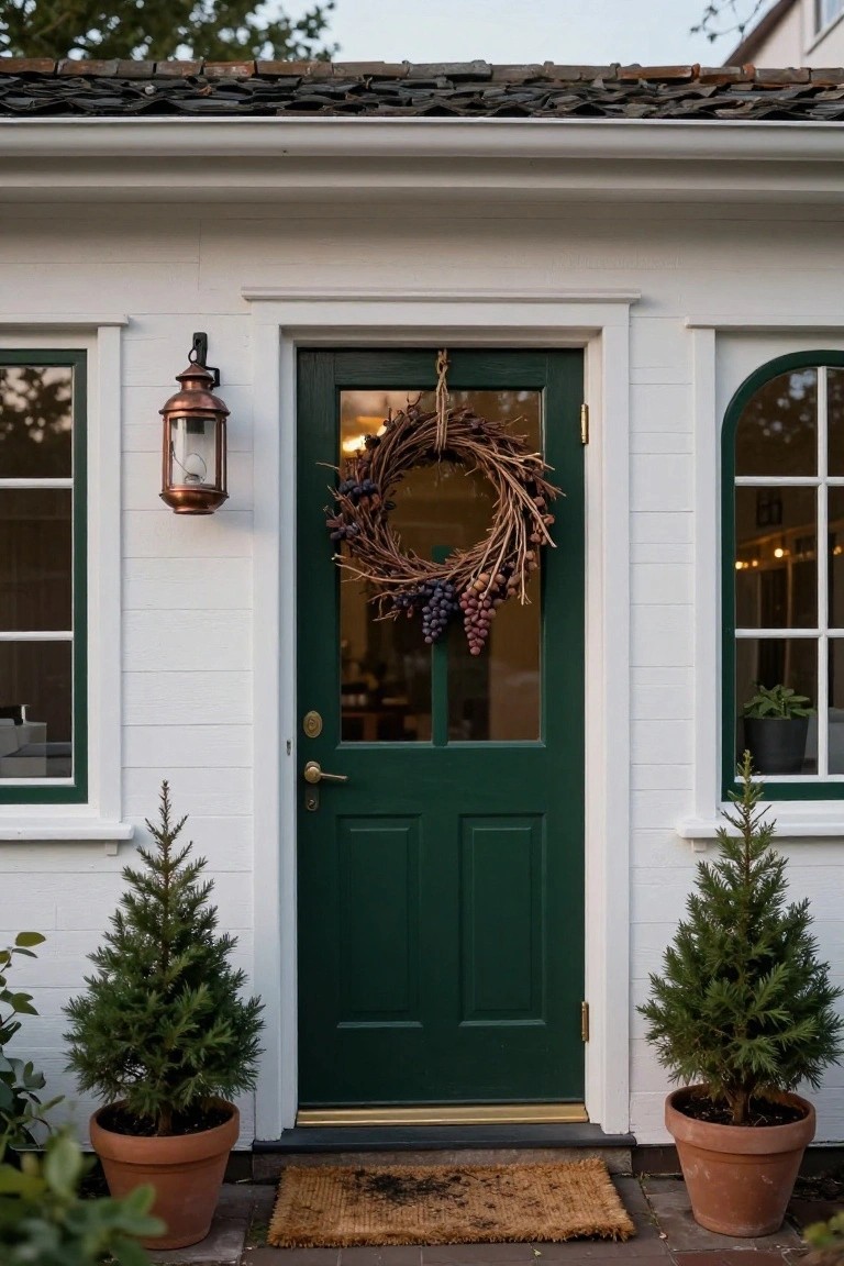 White clapboard house exterior with dark green paneled front door centered under a wreath of grapevines and grape clusters, flanked by a copper lantern on one side and two potted small fir trees on either side of the entry steps.