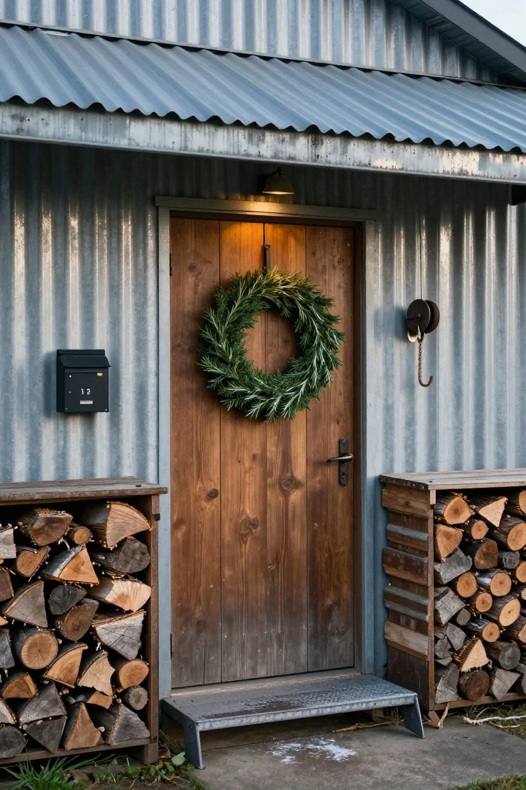 Corrugated metal shed exterior featuring a wooden entry door with green wreath, flanked by firewood stacks, black mailbox on wall, exterior light, and metal step.