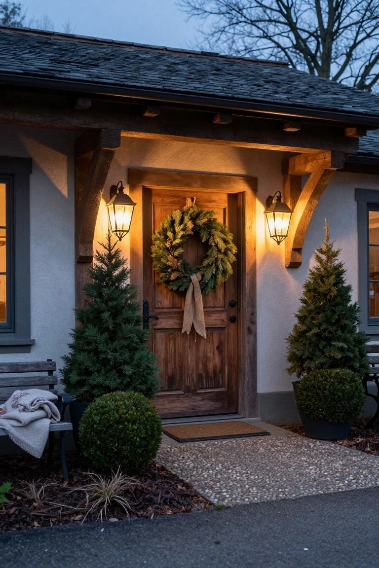 Rustic wooden front door on a stucco house exterior decorated with a large evergreen Christmas wreath featuring a burlap bow, flanked by two small potted Christmas trees, a bench, and illuminated by wall-mounted lantern lights at dusk.