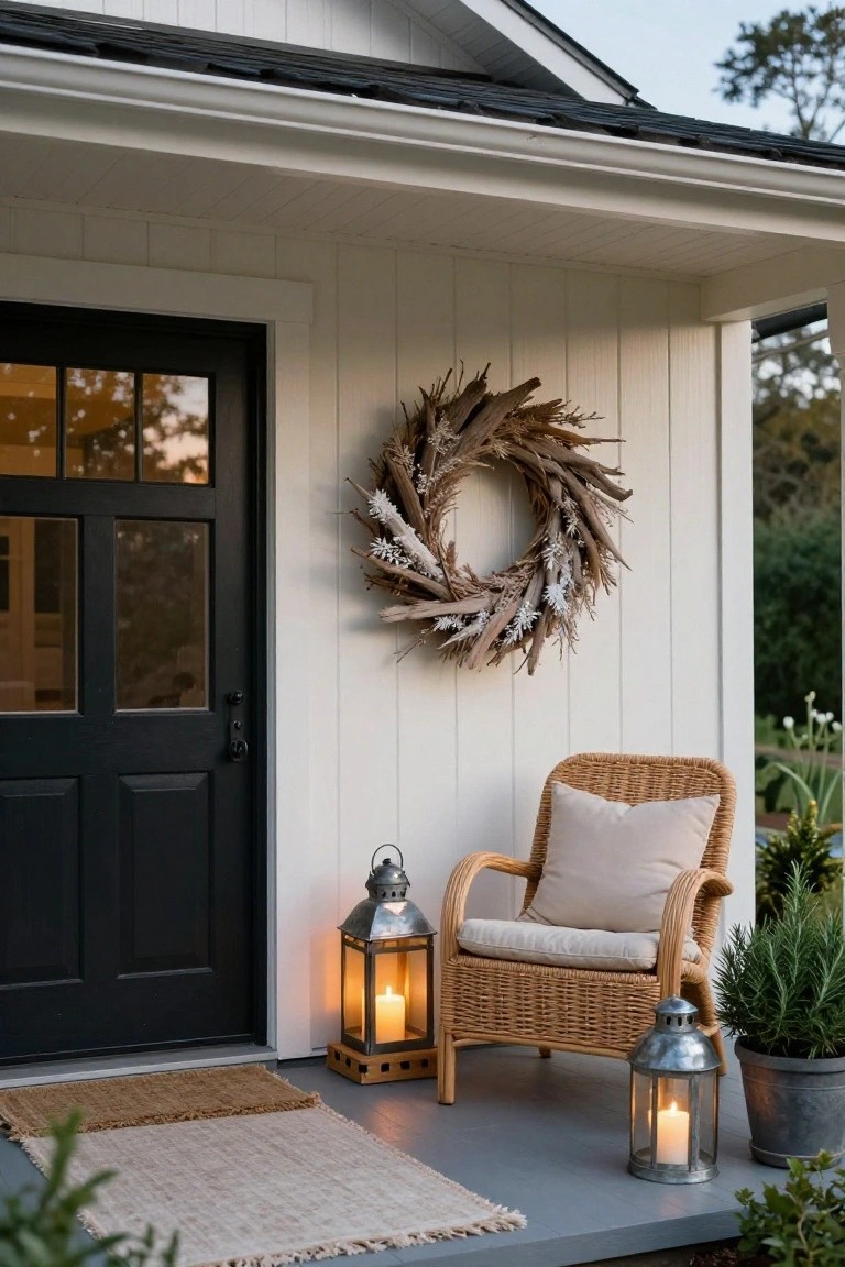 White board-and-batten house exterior featuring a black front door with a large driftwood wreath, metal lanterns with candles on the ground, a wicker armchair with cushion, potted plants, and a seagrass doormat on a gray porch stoop.