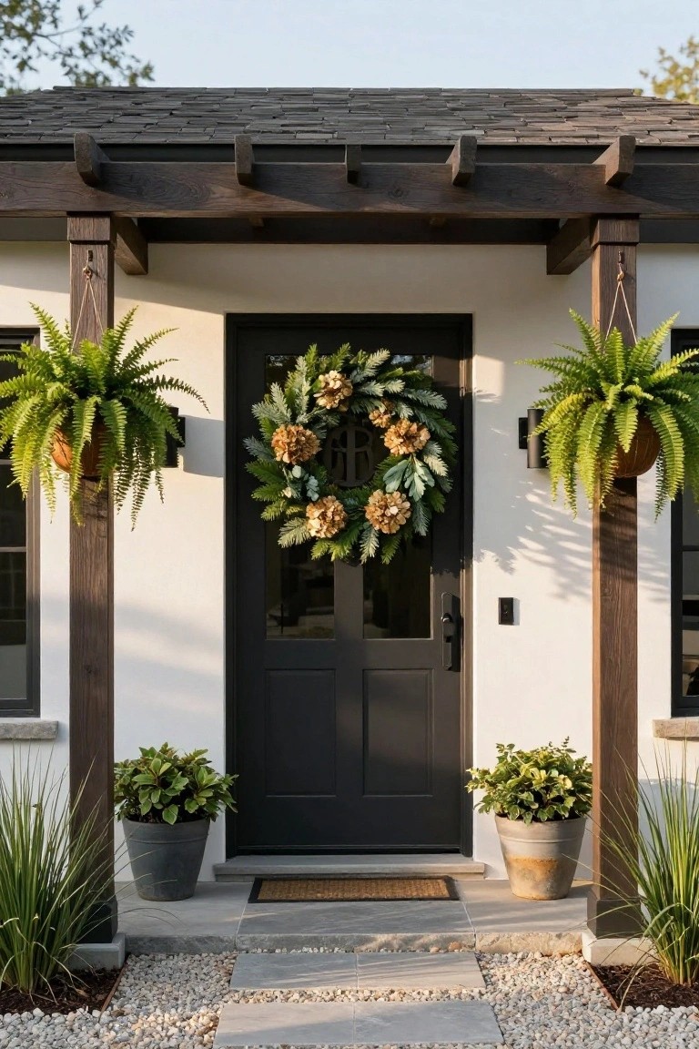 White stucco house facade with black paneled glass door centered under wooden pergola, large wreath of dried flowers and greens on door, hanging ferns on posts, potted plants flanking steps, gravel path and doormat in front.