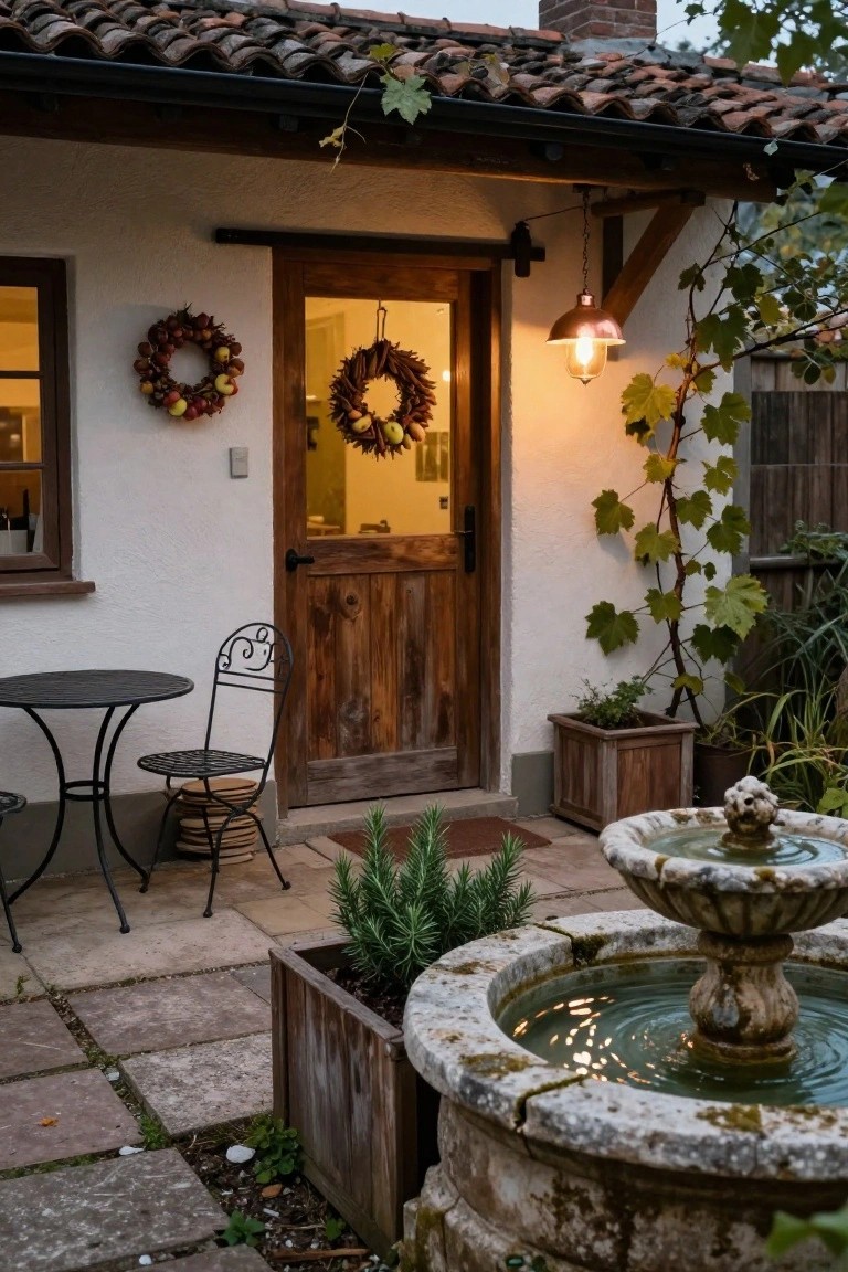 White stucco house exterior featuring a wooden entry door with two wreaths made of fruit and cinnamon sticks, a small metal bistro table and chairs on the patio, potted plants, and a stone fountain nearby.