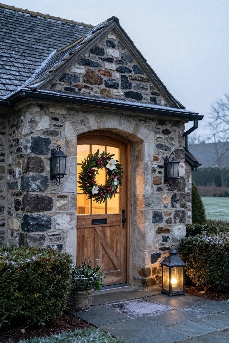 Stone house entryway with arched wooden door centered under peaked roof, decorated with greenery wreath featuring red berries and white flowers, flanked by wall lanterns and a ground lantern on slate path surrounded by shrubs.