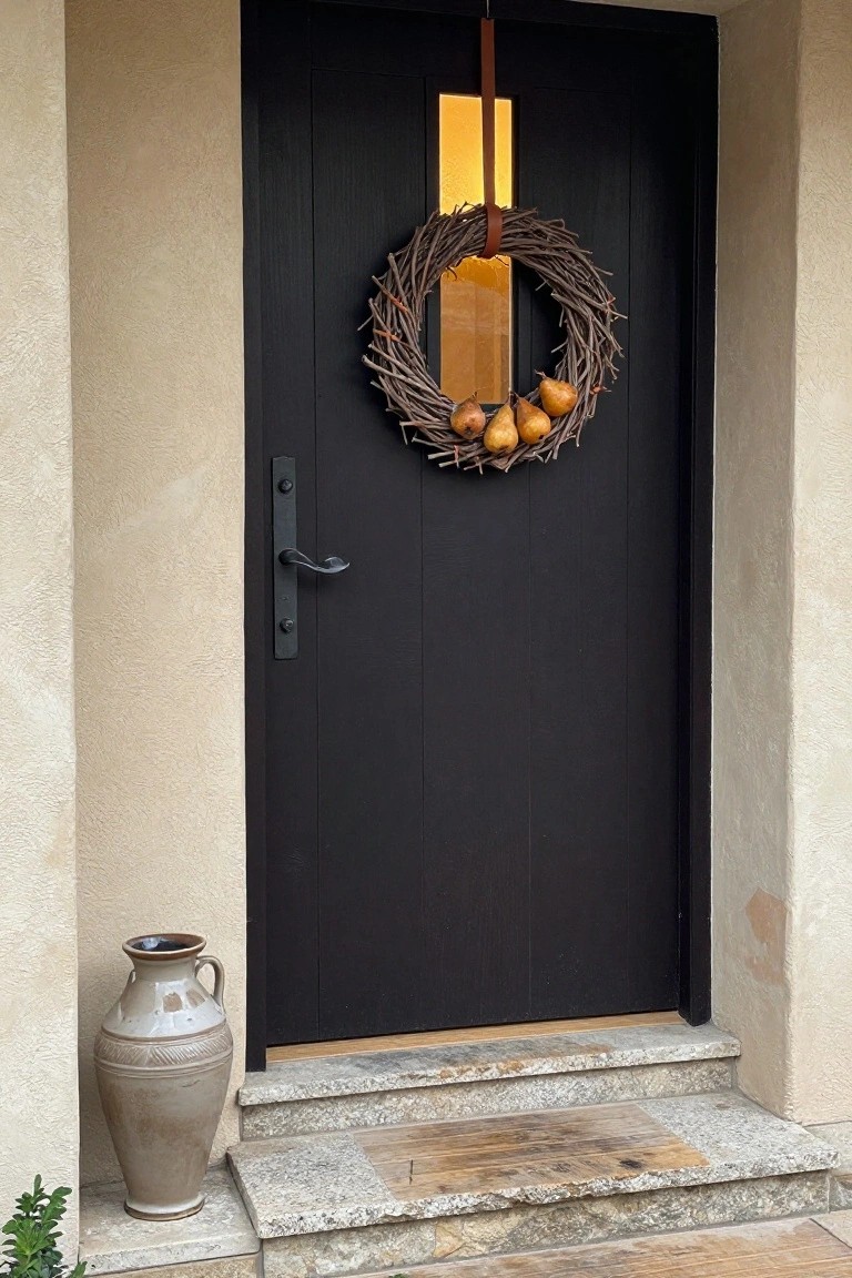 Black paneled front door on a beige stucco house with a twig wreath holding four quinces hanging from a leather strap, a tall terracotta vase beside granite steps.