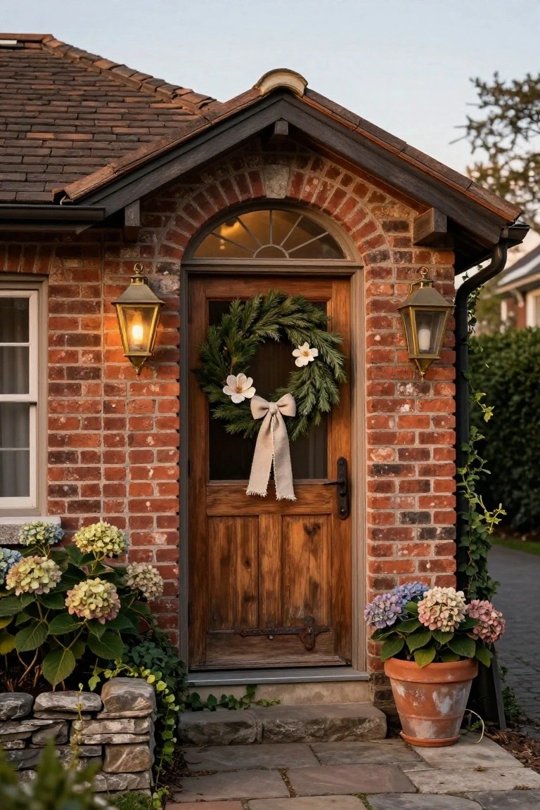 Wooden front door on a brick house with an arched window overhead, decorated with a Christmas wreath of greens and white flowers tied in a white bow, flanked by lanterns and potted hydrangeas near stone steps.