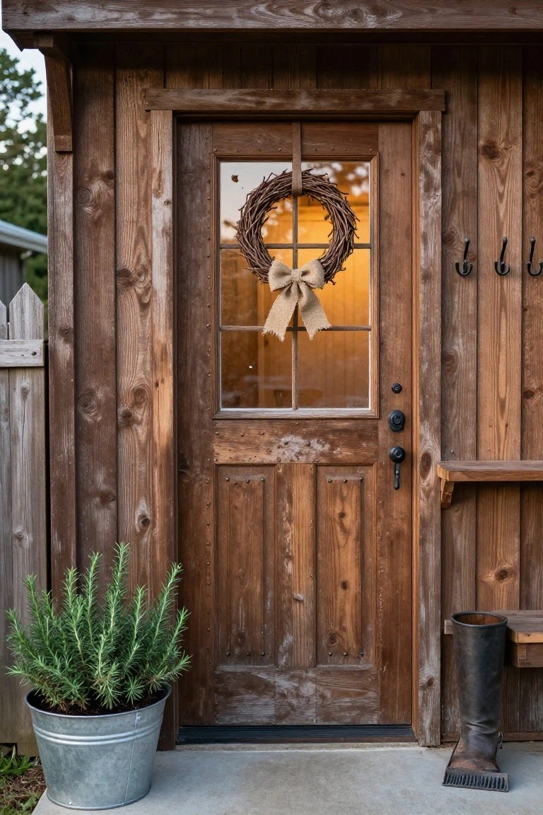 Weathered wooden shed door with divided-light window, decorated by a grapevine wreath with burlap bow, coat hooks to the side, potted rosemary in metal bucket, rubber boot on wooden bench, and white picket fence in front.