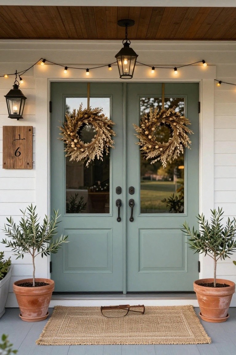 White shiplap house exterior featuring sage green double doors with matching wheat wreaths, flanked by black lanterns and house number sign, olive trees in terracotta pots, string lights and lanterns overhead, seagrass door mat on gray porch.