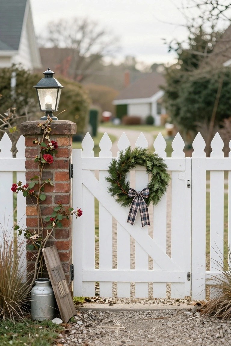White picket fence gate open with green Christmas wreath and plaid bow centered on it, brick pillar wrapped in climbing roses, metal lantern post light, milk can and wood plank on gravel path beside pampas grass.
