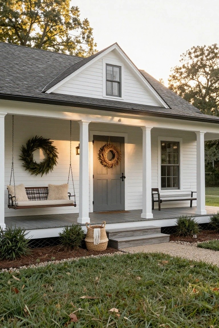 White clapboard farmhouse with gable roof and wraparound porch, featuring a hanging porch swing between columns with large evergreen wreaths, a wheat wreath on the gray front door, lanterns, potted plants, and landscaping.