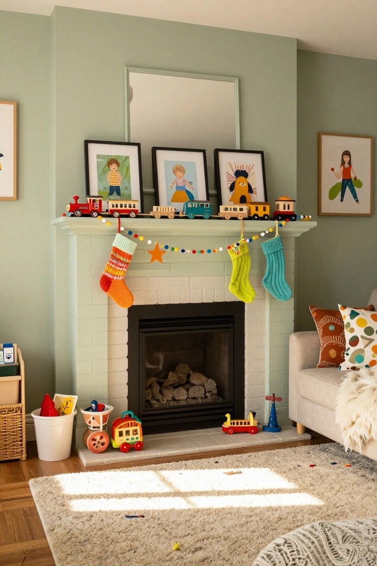A living room fireplace mantel with colorful knit stockings in orange, green, and teal hanging from a multicolored pom-pom garland strung with wooden toy trains, brick surround, green walls, and nearby toys and sofa.