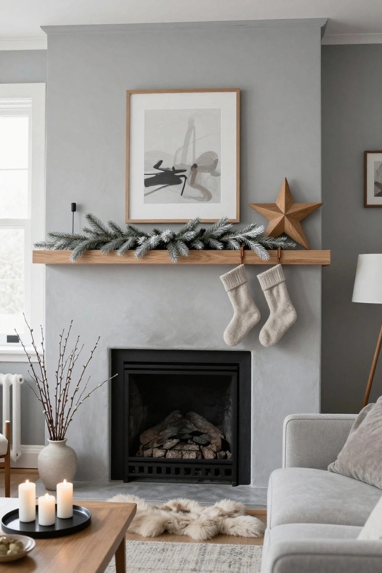 Gray-walled living room fireplace with oak mantel holding flocked evergreen garland, wooden star, and two white knit stockings, plus candles on a tray in front and a gray sofa nearby.