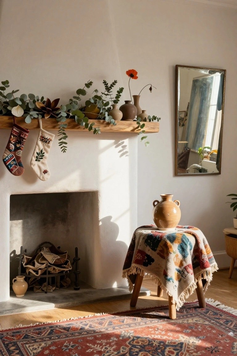 White-walled living room fireplace mantel with wooden shelf holding eucalyptus garland, colorful knit stockings, neutral pottery vases, firewood in the grate, and a small side table with terracotta jug on woven blanket next to Persian rug.