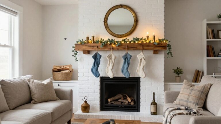 White brick fireplace with rustic wooden mantel draped in eucalyptus garland and fairy lights, four textured stockings in blue, gray, and cream hanging from leather straps, gold mirror and candles above, gray sofa and wood furniture in living room.
