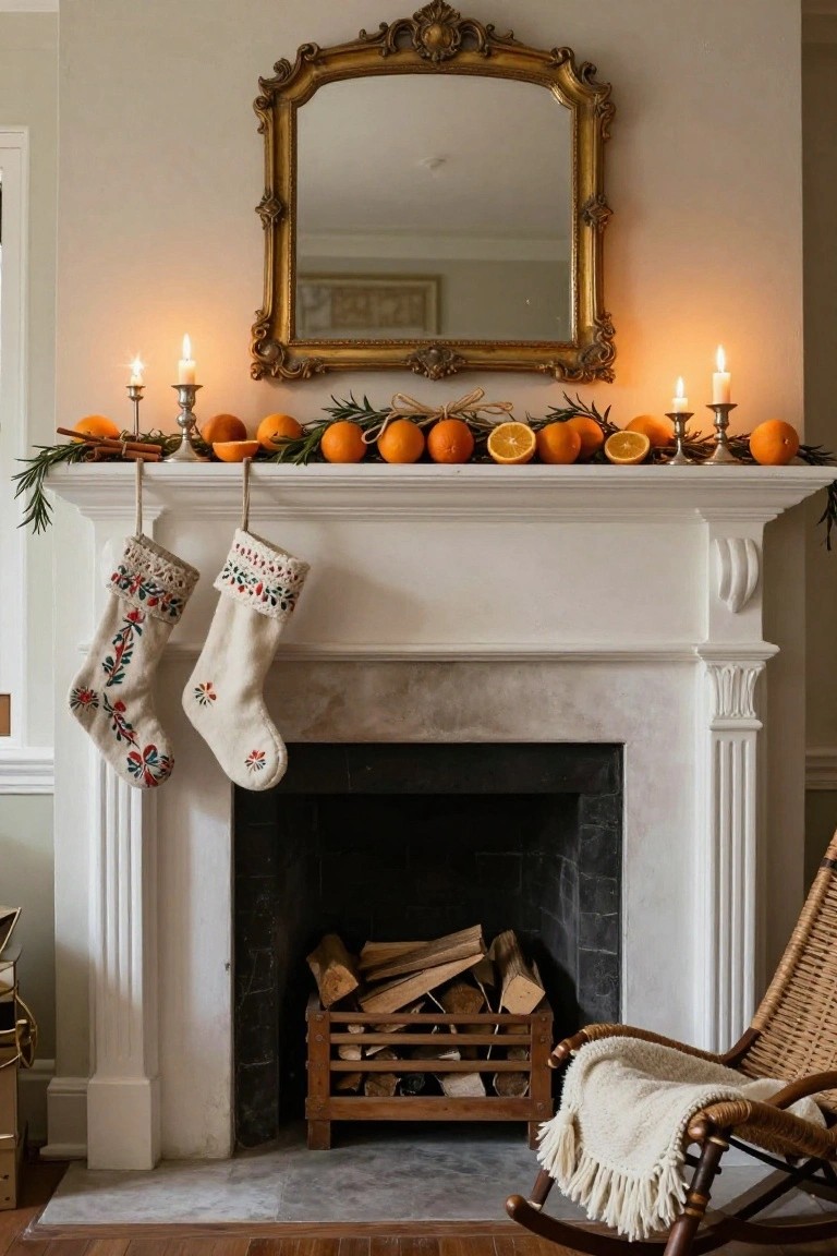 White marble fireplace mantel with garland of oranges and rosemary sprigs, silver candlesticks holding lit candles, two embroidered cream stockings hanging from hooks, ornate gold mirror above, firewood basket below, and rattan rocking chair nearby.