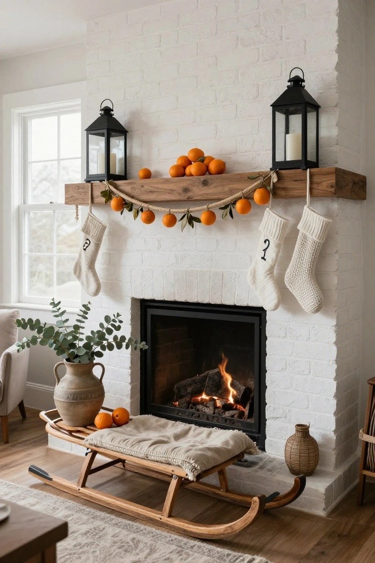 White brick fireplace with wooden mantel decorated by orange garland, white knit stockings numbered 1 and 2, black lanterns, eucalyptus in terracotta pot, oranges on hearth, wooden sled with blanket in front, gas fire burning.