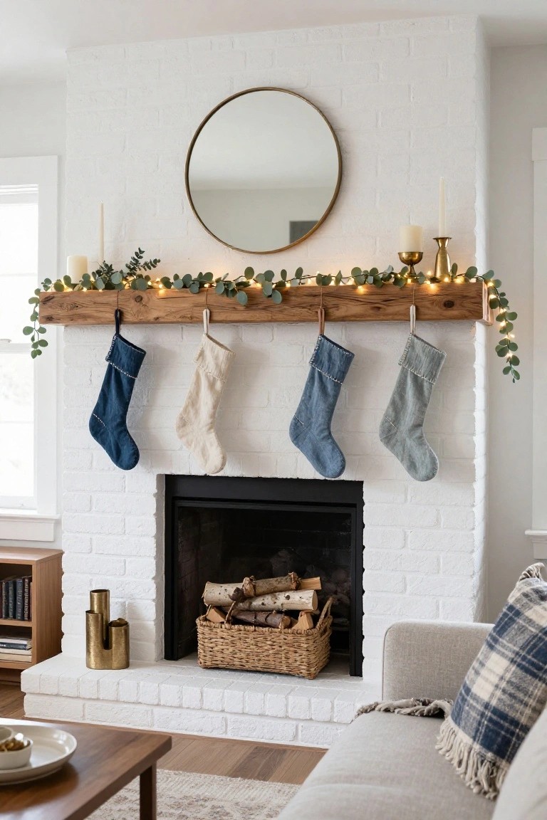 White brick fireplace with rustic wooden mantel draped in eucalyptus garland and fairy lights, four textured stockings in blue, gray, and cream hanging from leather straps, gold mirror and candles above, gray sofa and wood furniture in living room.