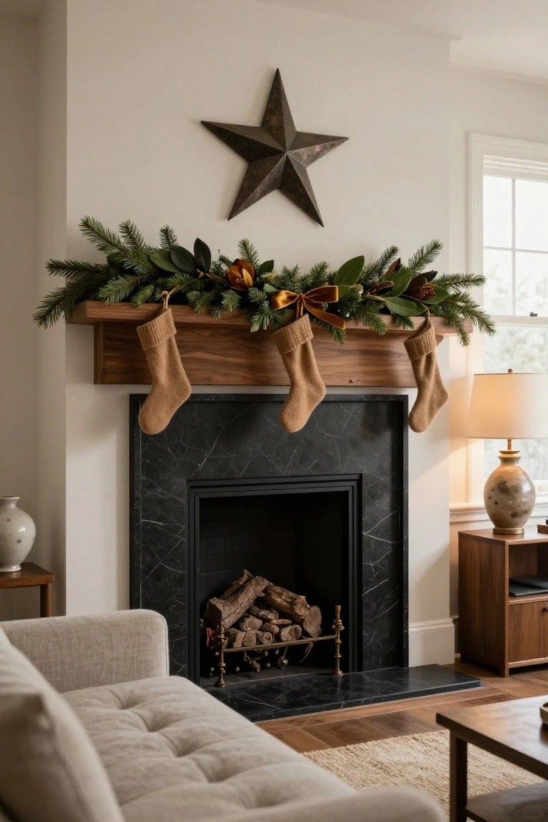 A living room fireplace with wooden mantel holding three tan knit stockings, decorated with pine and magnolia garland tied in gold ribbon, large rusted metal star on white wall above, black marble surround with log fire grate, beige sofa and side tables nearby.