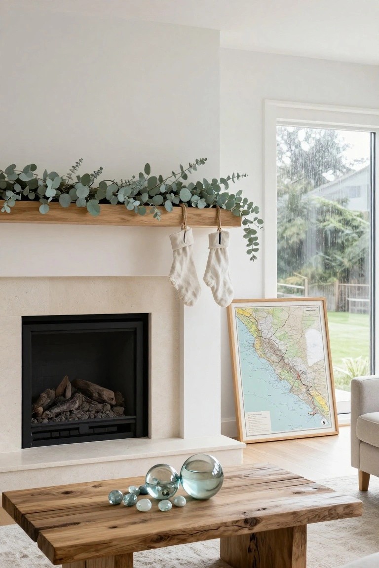 White living room fireplace with oak mantel draped in eucalyptus garland and hung with two white linen stockings, wooden coffee table holding blue glass orbs, framed California map on wall, and sliding door to rainy backyard.