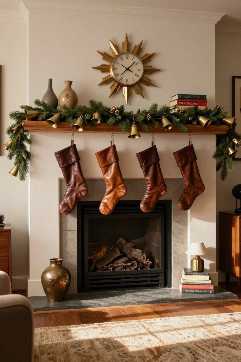 White brick fireplace mantel topped with wooden beam holding green pine garland, gold bells, and four hanging brown leather Christmas stockings, gold sunburst clock above, ceramic vases flanking the setup, fire burning in the hearth.